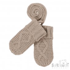 BM14-BI: Biscuit Chain Knit Mittens w/String